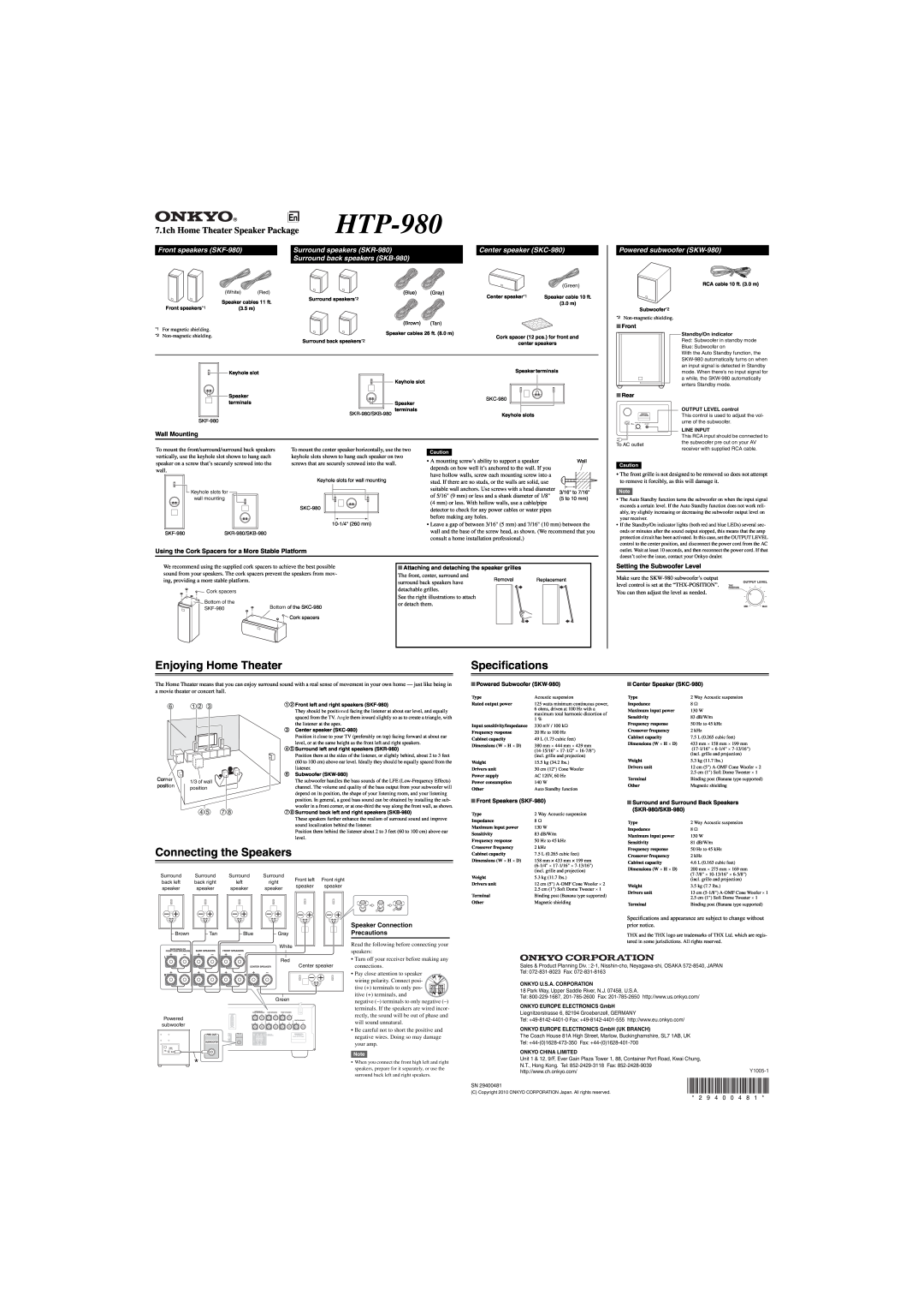 Onkyo specifications En HTP-980, Enjoying Home Theater, Specifications, Connecting the Speakers, Front speakers SKF-980 