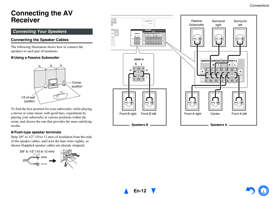 Onkyo HTS3500, HT-R391 Connecting the AV Receiver, En-12, Connecting Your Speakers, Connecting the Speaker Cables 