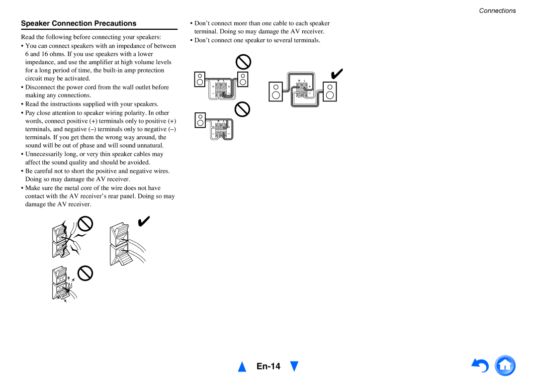 Onkyo HTS3500, HT-R391 instruction manual En-14, Speaker Connection Precautions 