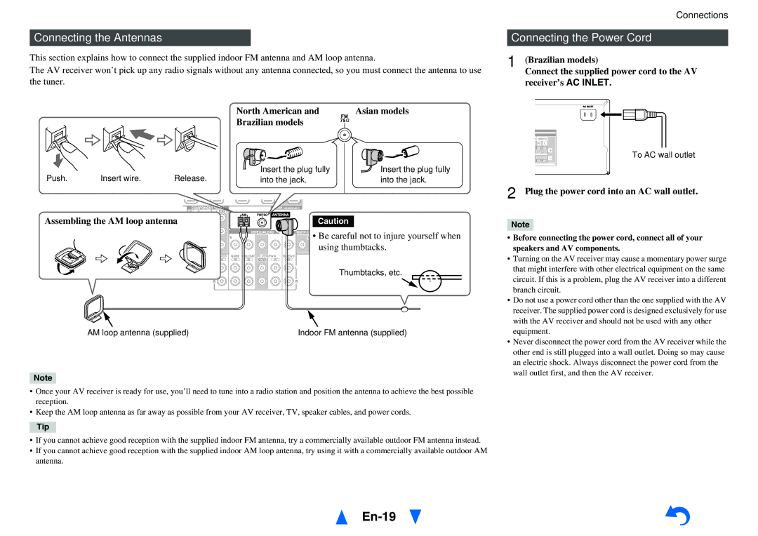 Onkyo HT-R391, HTS3500 instruction manual En-19, Connecting the Antennas, Connecting the Power Cord 