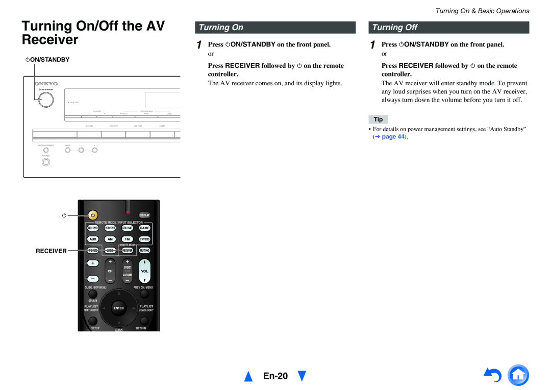 Onkyo HTS3500, HT-R391 instruction manual Turning On/Off the AV Receiver, En-20, Turning On Turning Off 