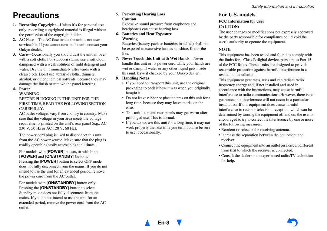 Onkyo HT-R391, HTS3500 instruction manual Precautions, En-3 