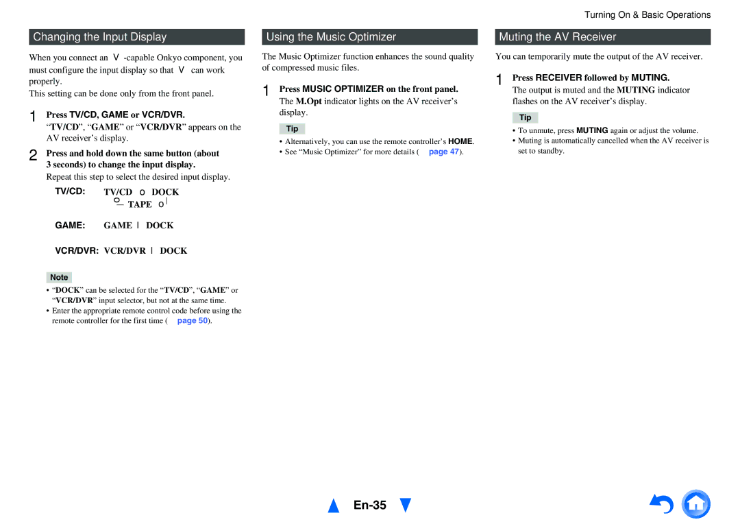 Onkyo HT-R391, HTS3500 En-35, Changing the Input Display, Using the Music Optimizer, Muting the AV Receiver 