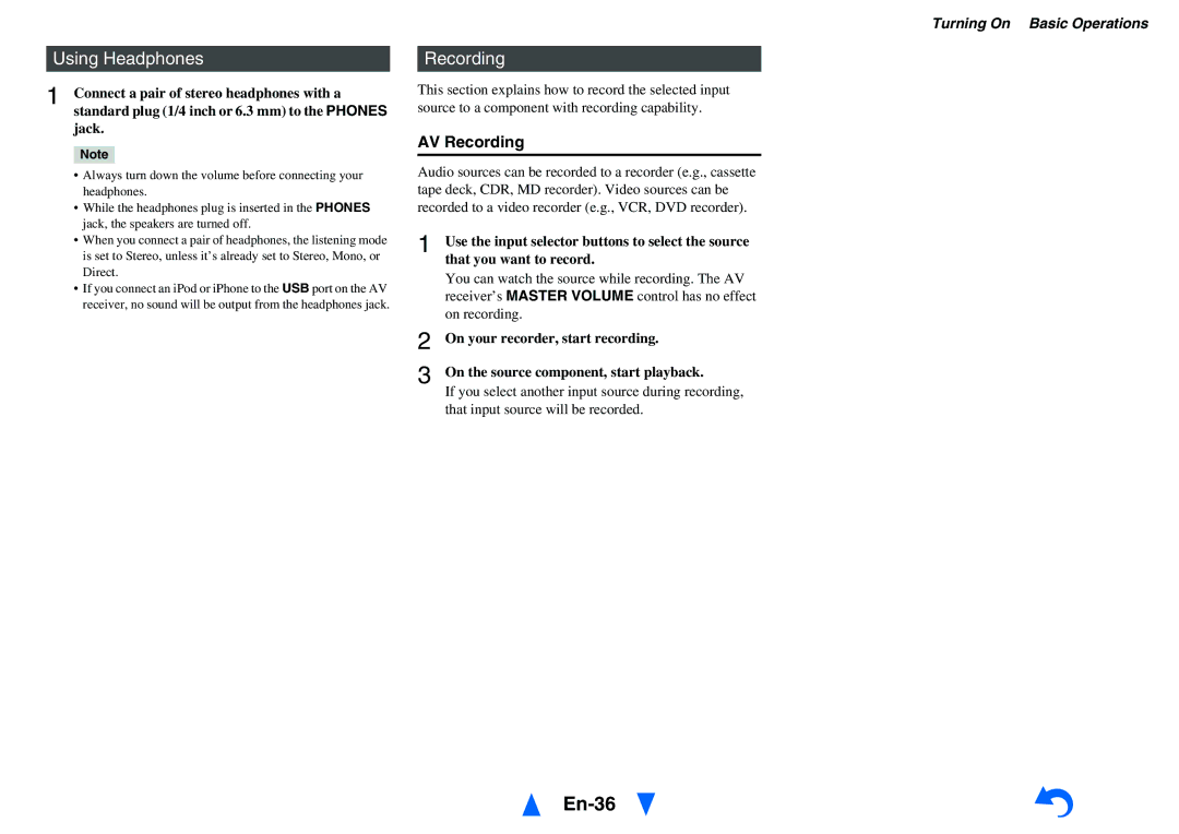 Onkyo HTS3500, HT-R391 instruction manual En-36, Using Headphones, AV Recording 