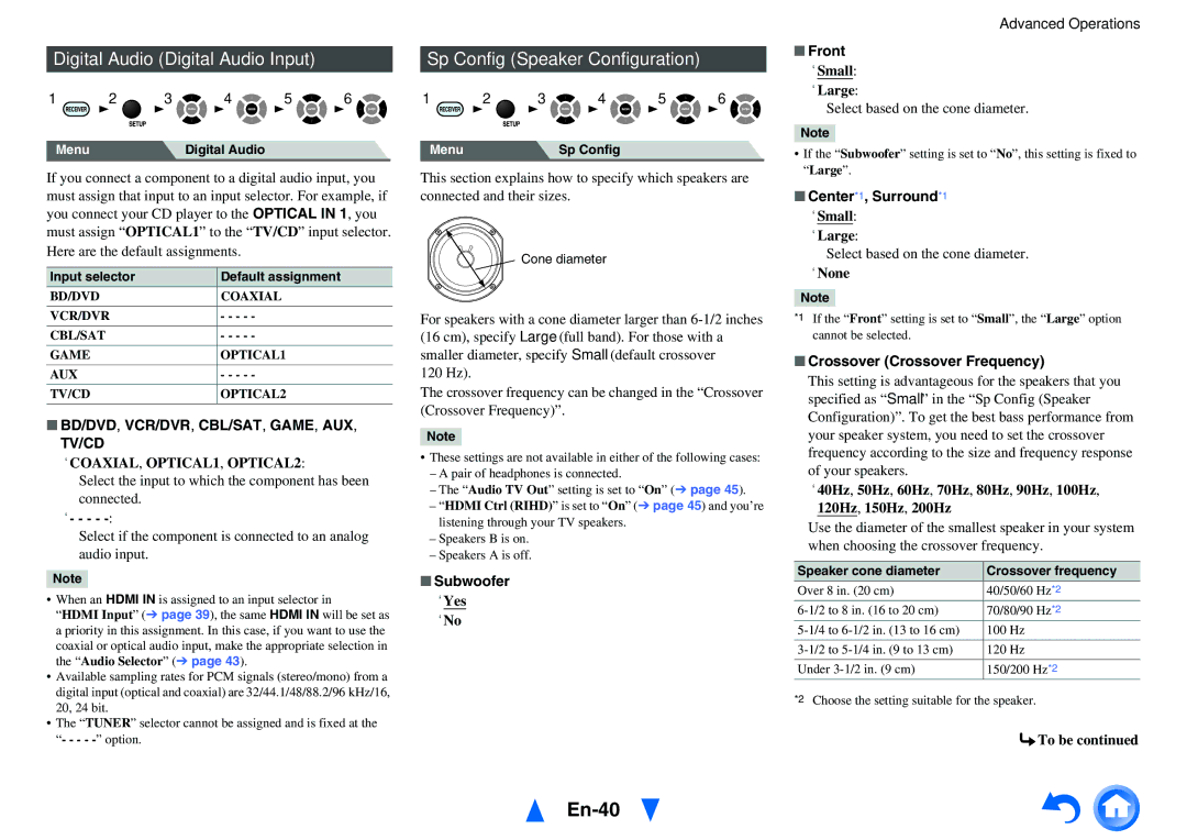 Onkyo HTS3500, HT-R391 instruction manual En-40, Front, Center*1, Surround*1, Crossover Crossover Frequency 