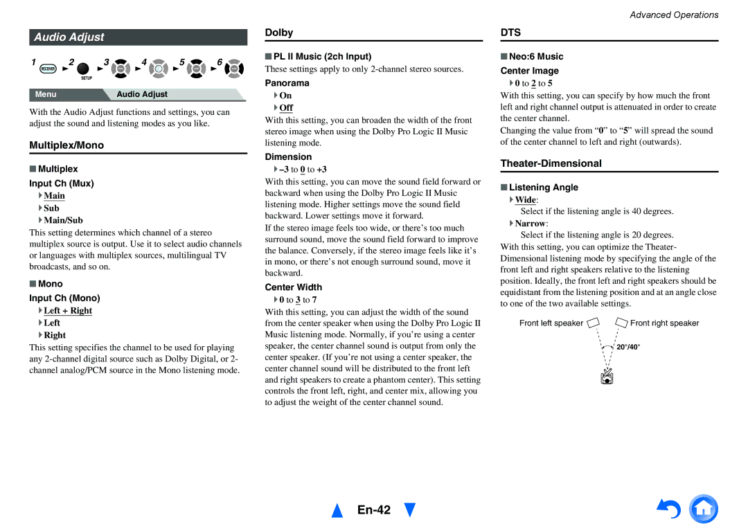 Onkyo HTS3500, HT-R391 instruction manual En-42, Audio Adjust, Multiplex/Mono, Dolby, Theater-Dimensional 
