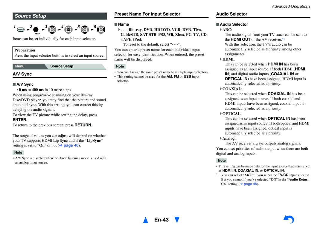 Onkyo HT-R391, HTS3500 instruction manual En-43, Source Setup, Preset Name For Input Selector, Audio Selector, Sync 