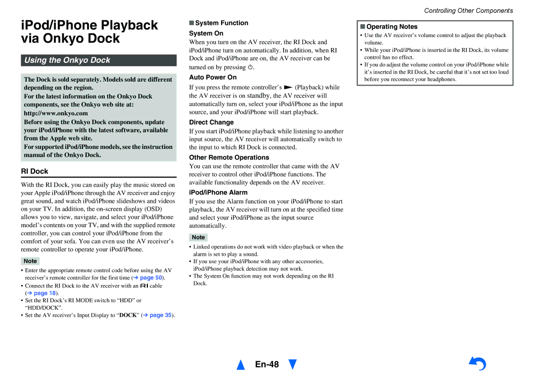 Onkyo HTS3500, HT-R391 instruction manual IPod/iPhone Playback via Onkyo Dock, En-48, Using the Onkyo Dock, RI Dock 