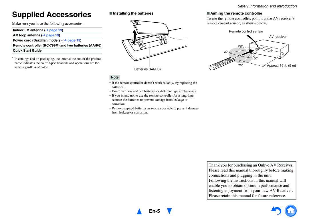 Onkyo HT-R391, HTS3500 instruction manual Supplied Accessories, En-5, Installing the batteries Aiming the remote controller 