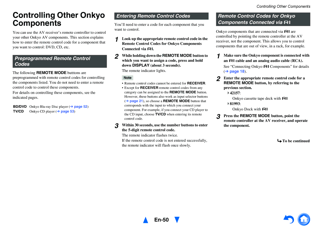 Onkyo HTS3500 Controlling Other Onkyo Components, En-50, Preprogrammed Remote Control Codes, Entering Remote Control Codes 