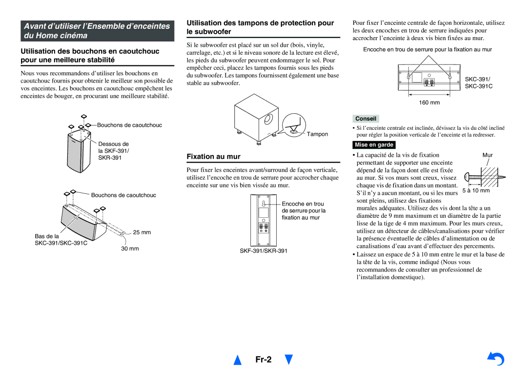 Onkyo HTS3500, HT-R391 instruction manual Fr-2, Avant d’utiliser l’Ensemble d’enceintes du Home cinéma, Fixation au mur 