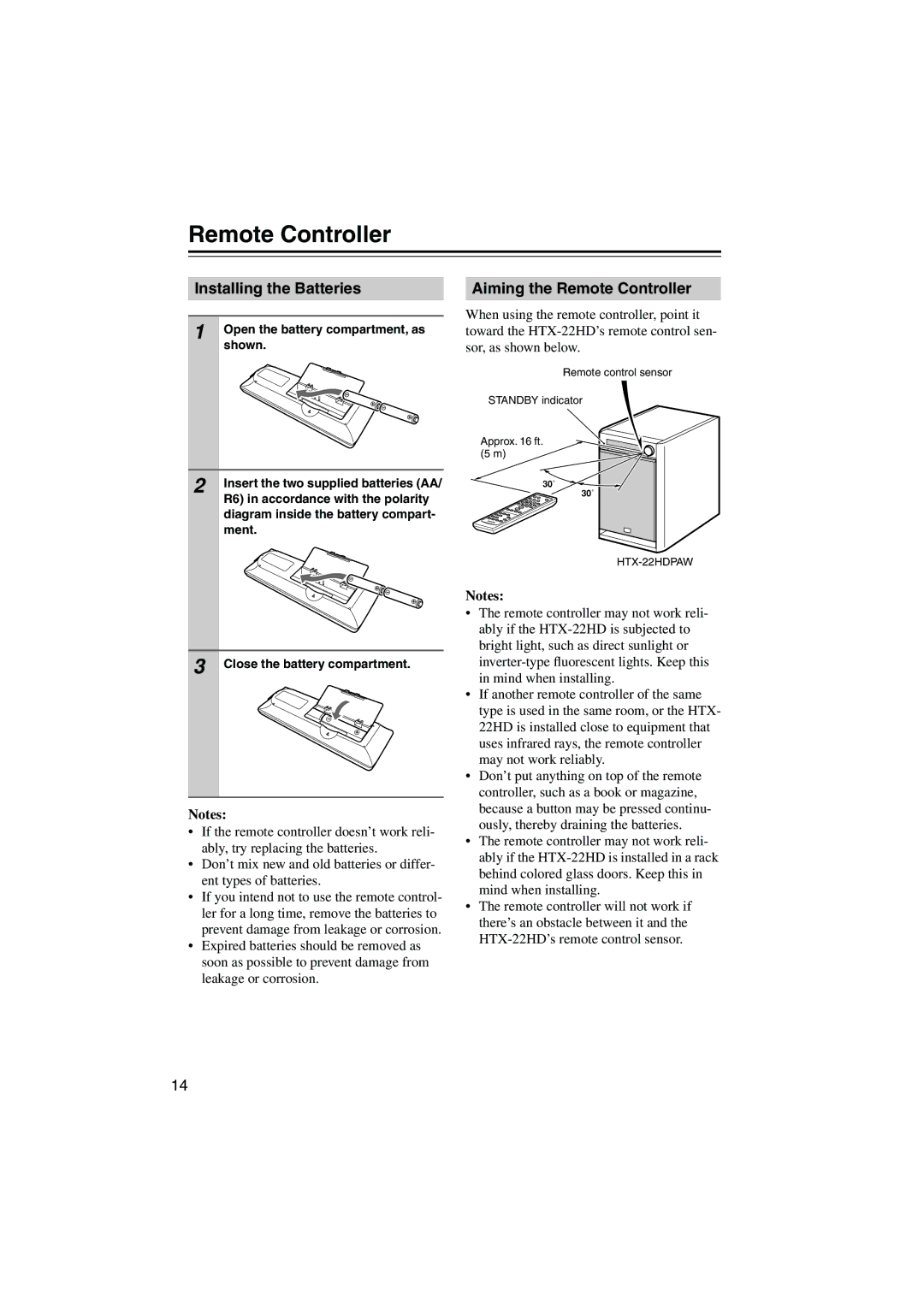 Onkyo HTX-22HD instruction manual Installing the Batteries, Aiming the Remote Controller 