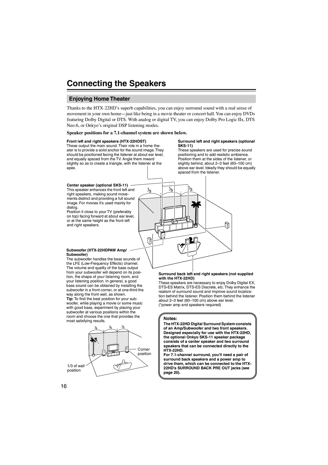 Onkyo HTX-22HD instruction manual Connecting the Speakers, Enjoying Home Theater 