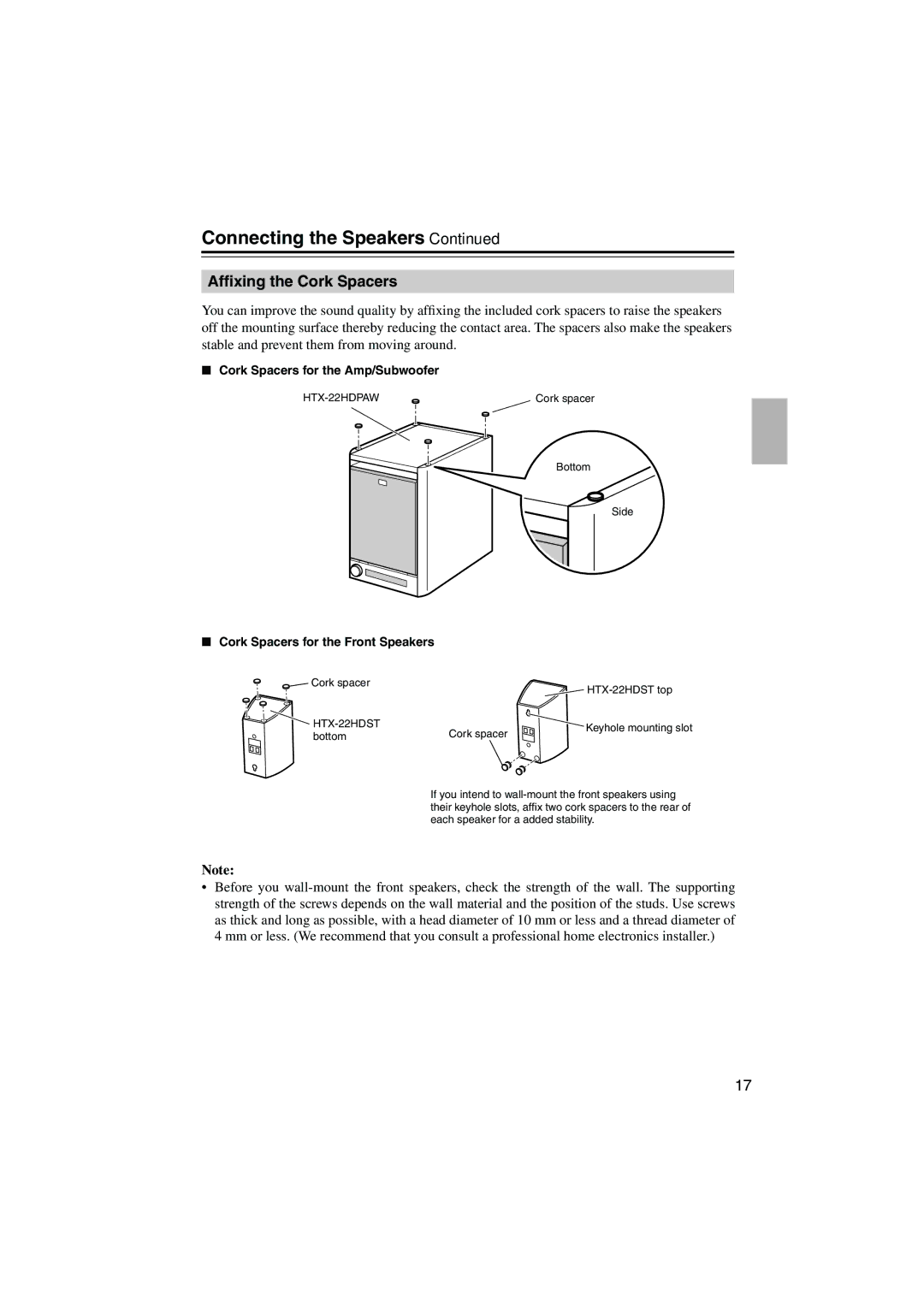 Onkyo HTX-22HD instruction manual Connecting the Speakers, Afﬁxing the Cork Spacers 