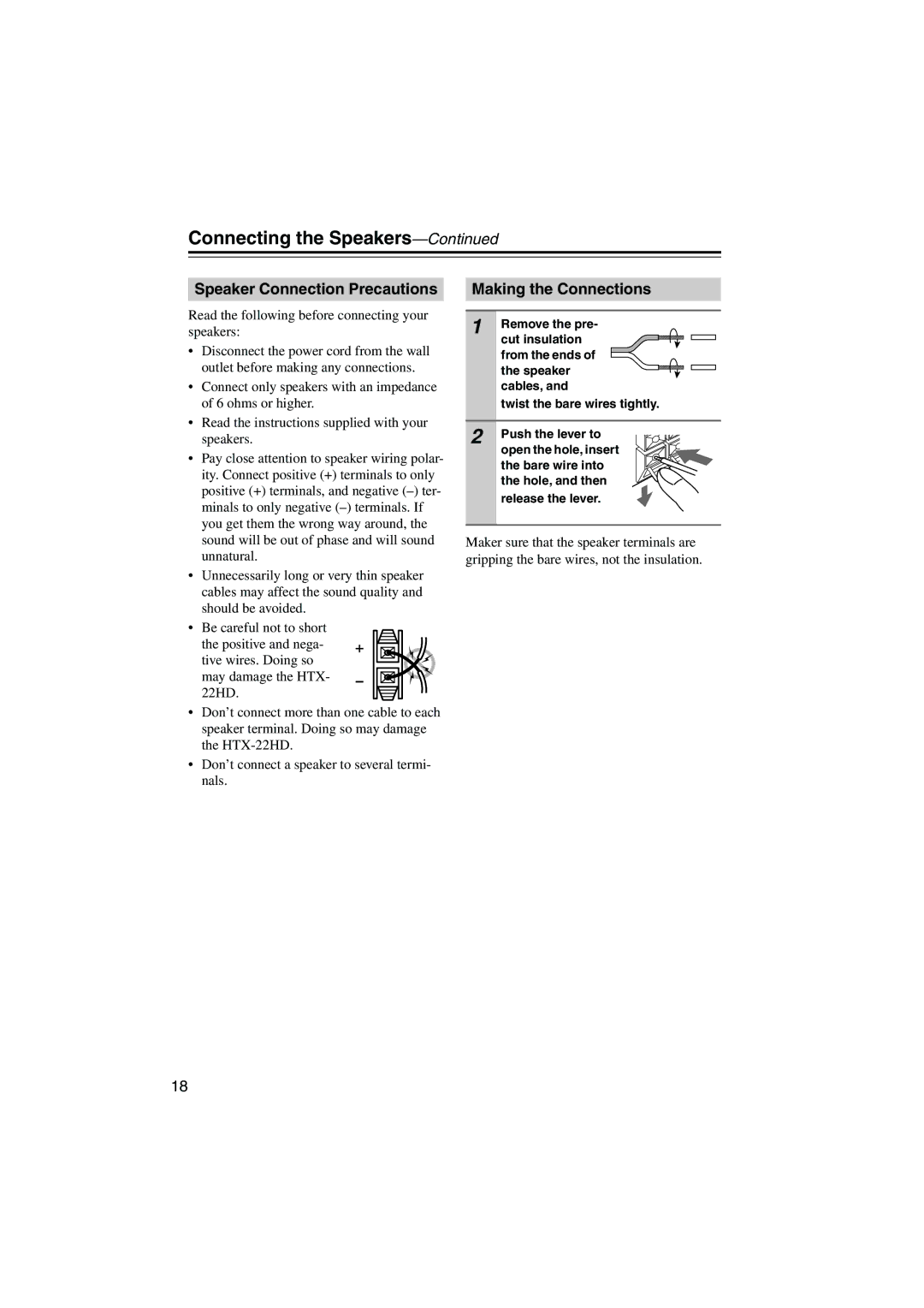 Onkyo HTX-22HD instruction manual Speaker Connection Precautions, Making the Connections 