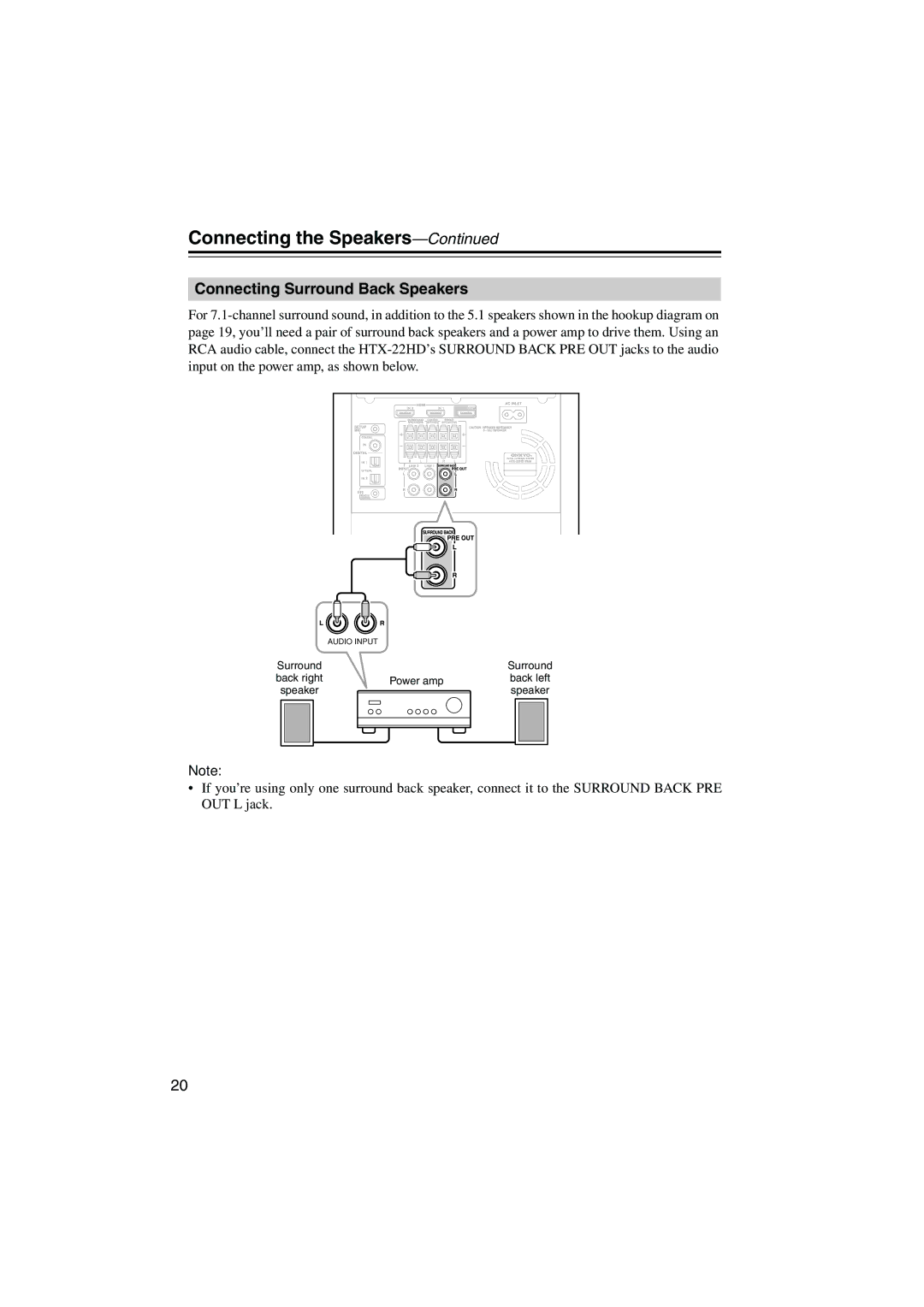 Onkyo HTX-22HD instruction manual Connecting Surround Back Speakers 