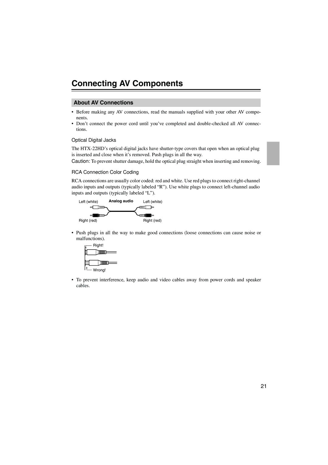 Onkyo HTX-22HD Connecting AV Components, About AV Connections, Optical Digital Jacks, RCA Connection Color Coding 