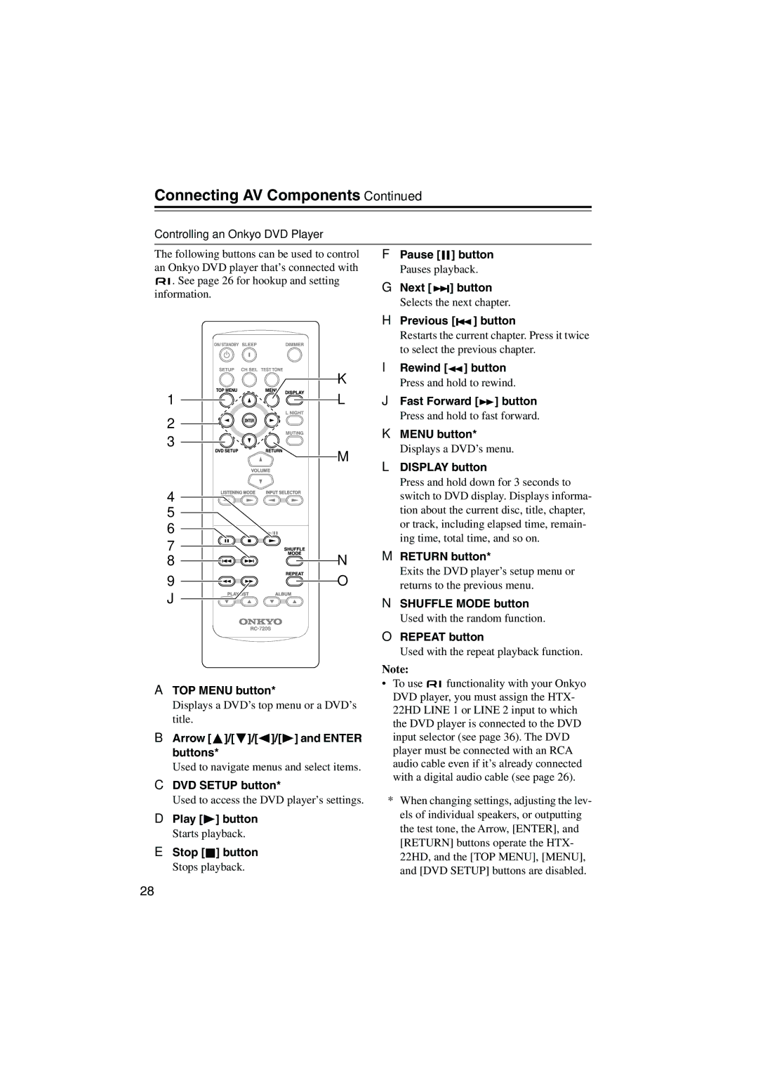 Onkyo HTX-22HD instruction manual Controlling an Onkyo DVD Player 