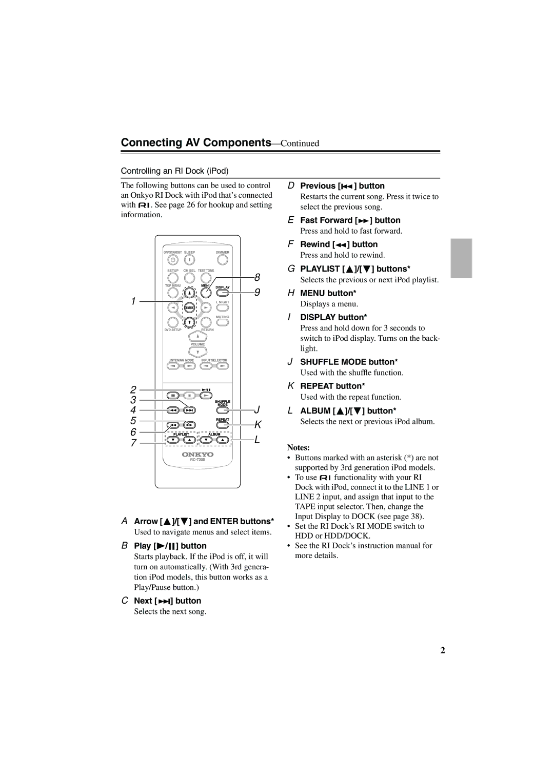 Onkyo HTX-22HD Controlling an RI Dock iPod, Arrow / and Enter buttons, Play / button, Playlist / buttons, Album / button 