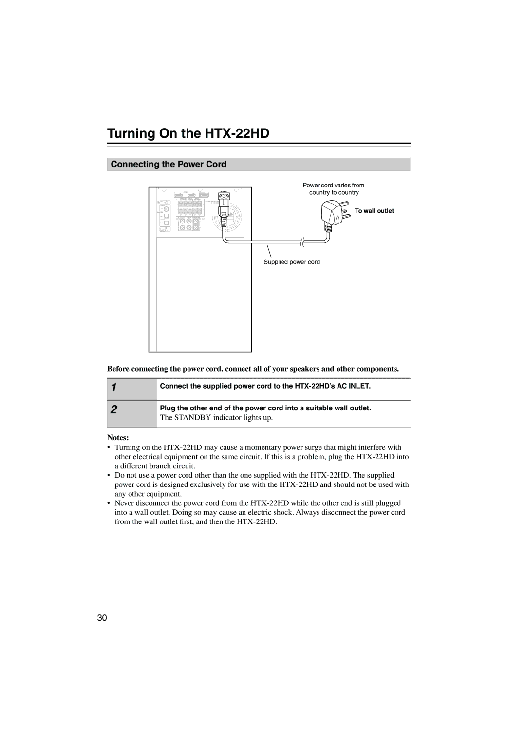 Onkyo instruction manual Turning On the HTX-22HD, Connecting the Power Cord 