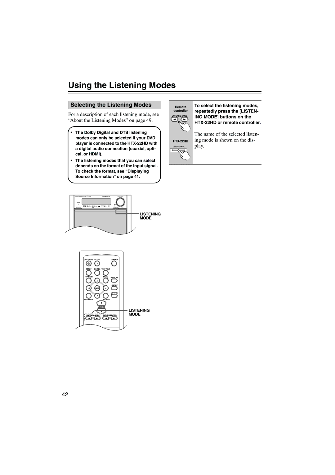 Onkyo HTX-22HD instruction manual Using the Listening Modes, Selecting the Listening Modes 