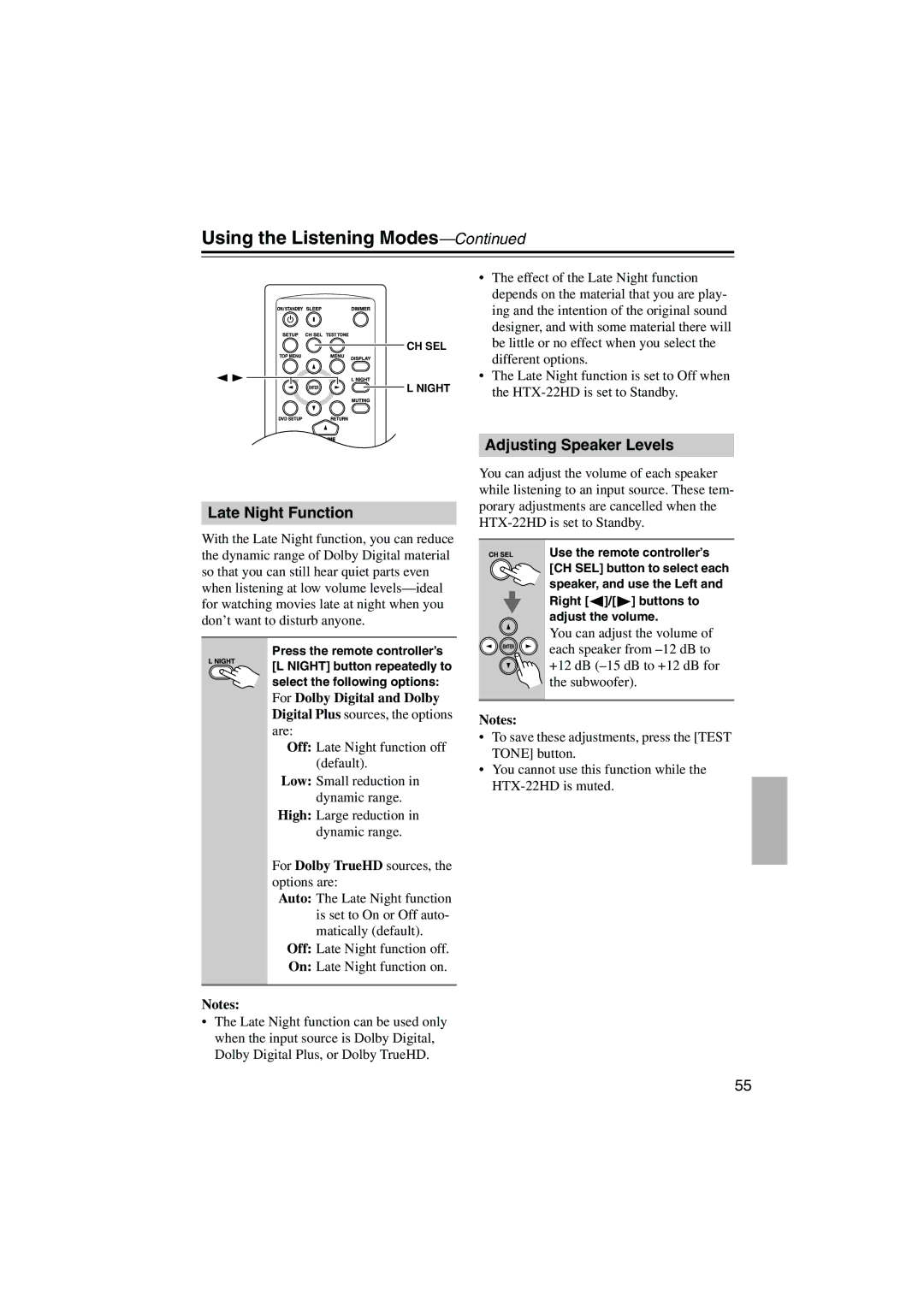 Onkyo HTX-22HD instruction manual Late Night Function, Adjusting Speaker Levels 