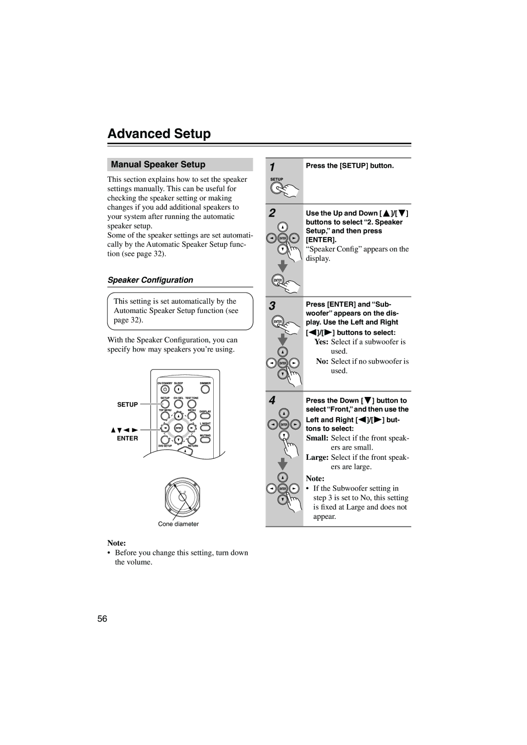 Onkyo HTX-22HD instruction manual Advanced Setup, Manual Speaker Setup, Speaker Conﬁguration 