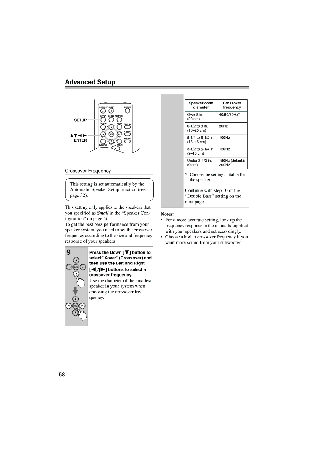 Onkyo HTX-22HD instruction manual Crossover Frequency, Speaker cone Crossover Diameter 