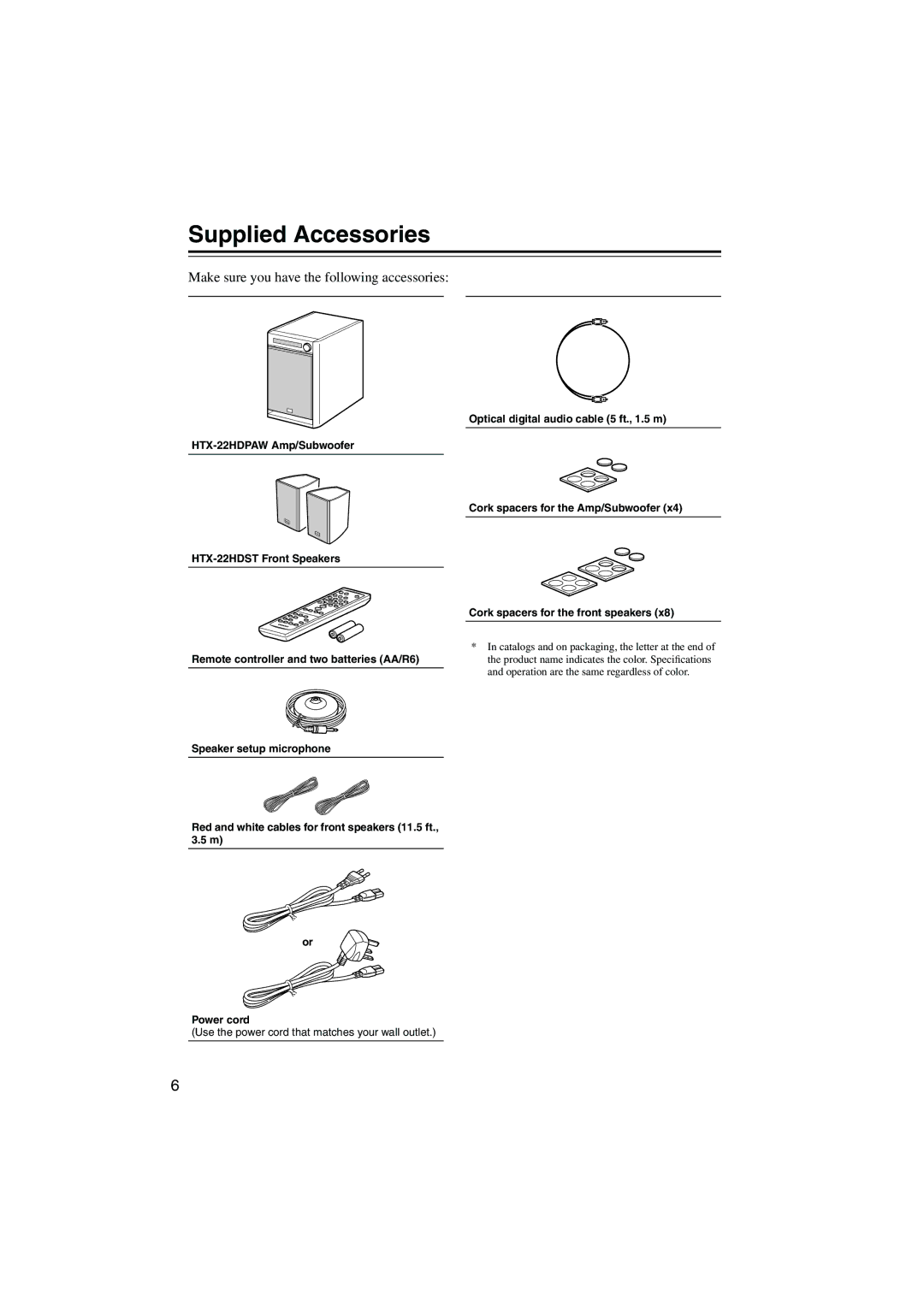 Onkyo HTX-22HD instruction manual Supplied Accessories, Make sure you have the following accessories 