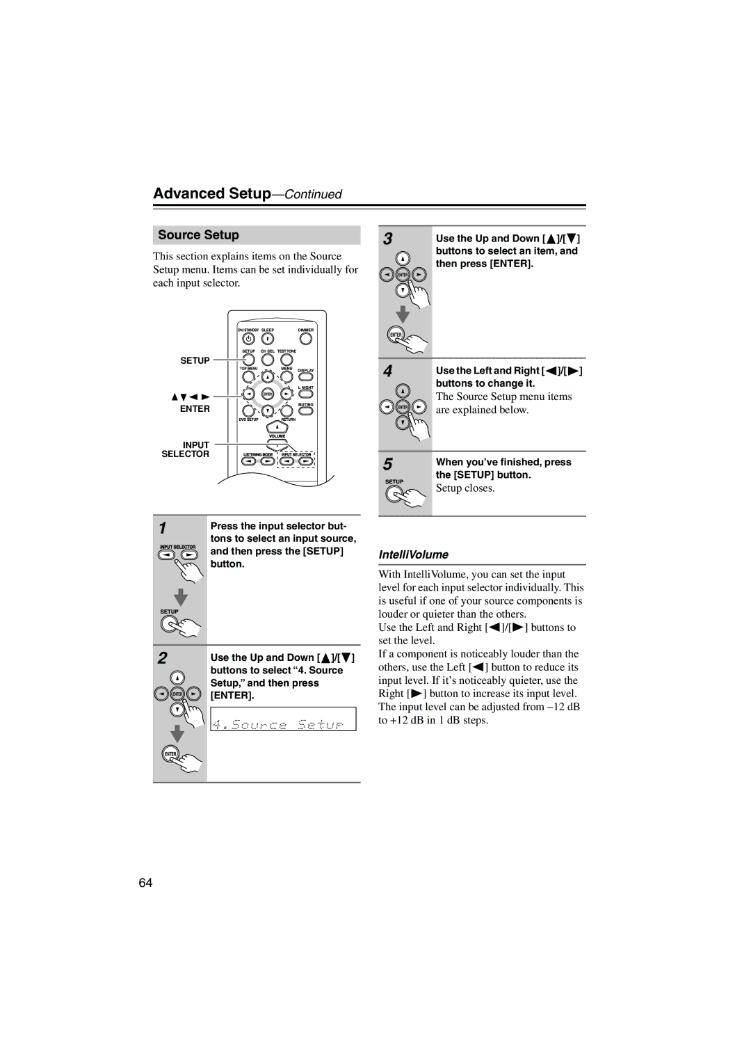 Onkyo HTX-22HD instruction manual Source Setup, IntelliVolume 