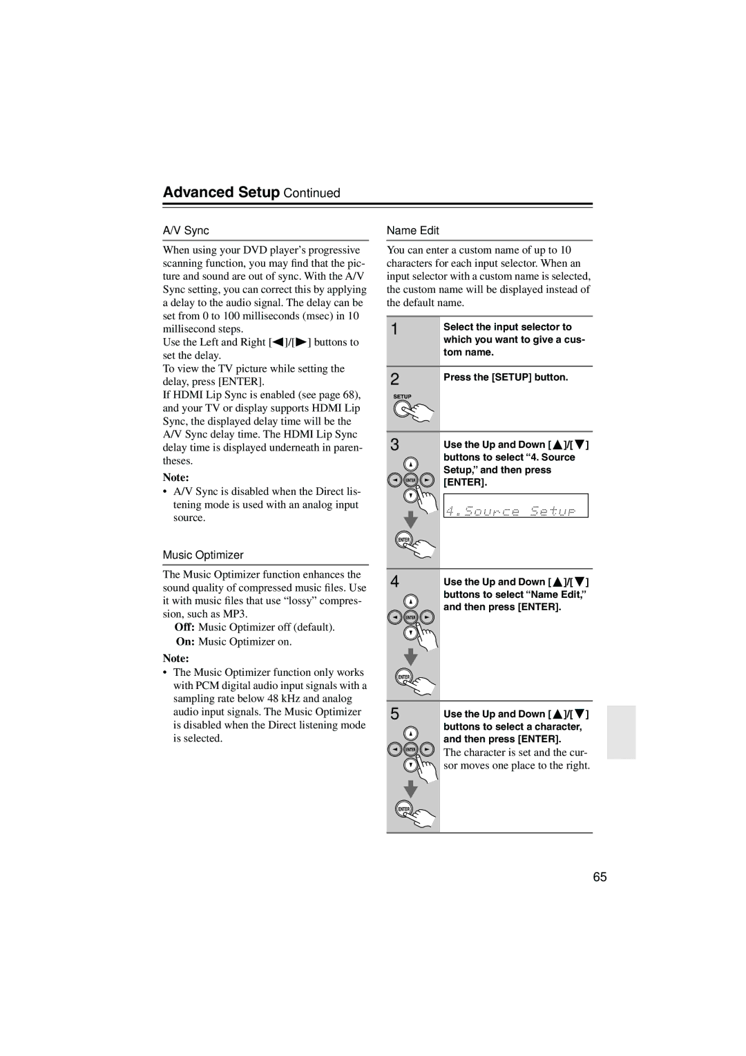 Onkyo HTX-22HD instruction manual Sync, Music Optimizer, Name Edit 