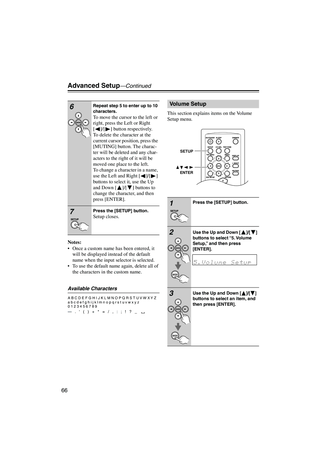 Onkyo HTX-22HD instruction manual Volume Setup, Available Characters 