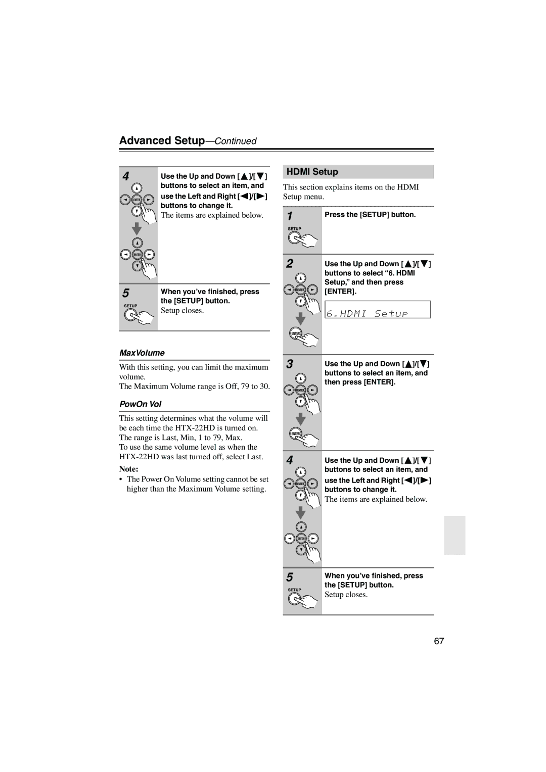 Onkyo HTX-22HD instruction manual Hdmi Setup, MaxVolume, PowOn Vol 