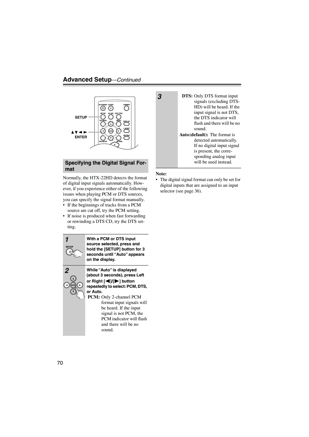 Onkyo HTX-22HD instruction manual Specifying the Digital Signal For- mat 