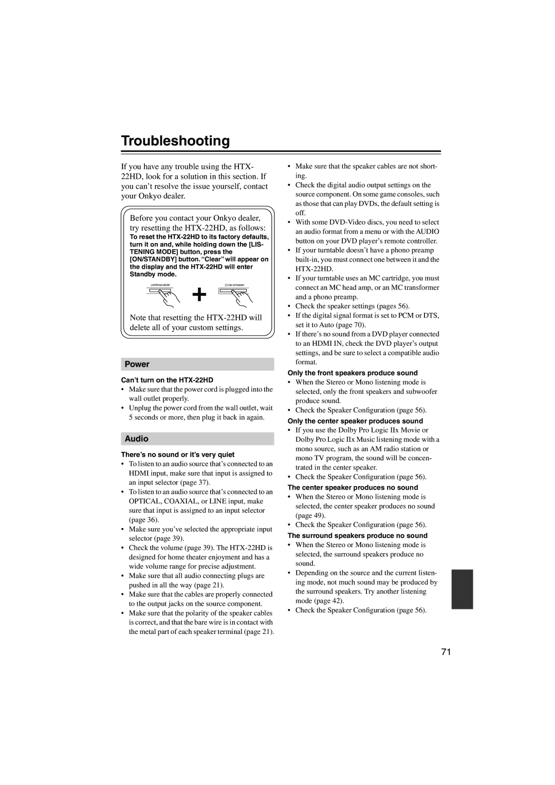 Onkyo HTX-22HD instruction manual Troubleshooting, Power, Audio 