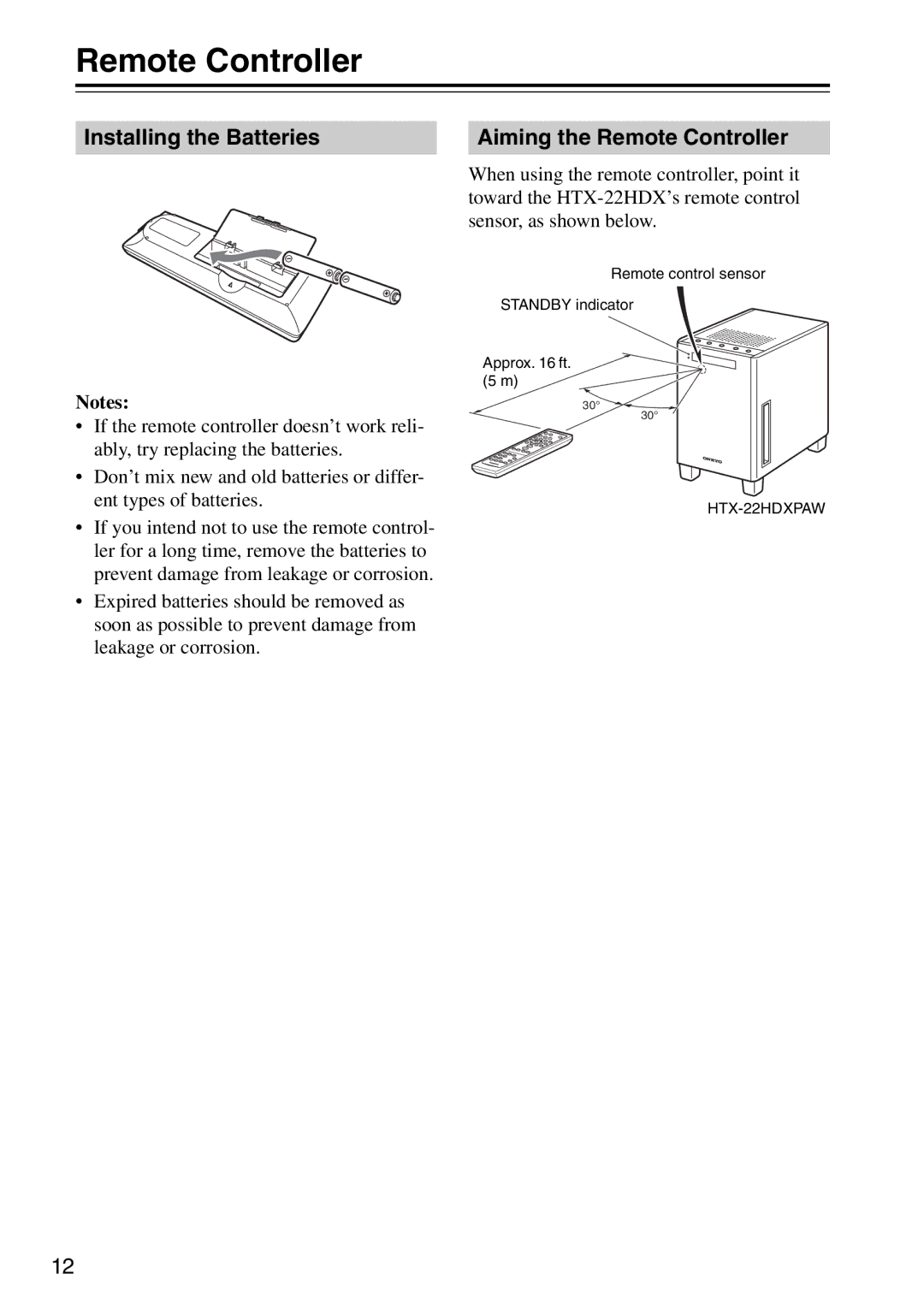 Onkyo HTX-22HDXST, HTX-22HDXPAW instruction manual Installing the Batteries, Aiming the Remote Controller 