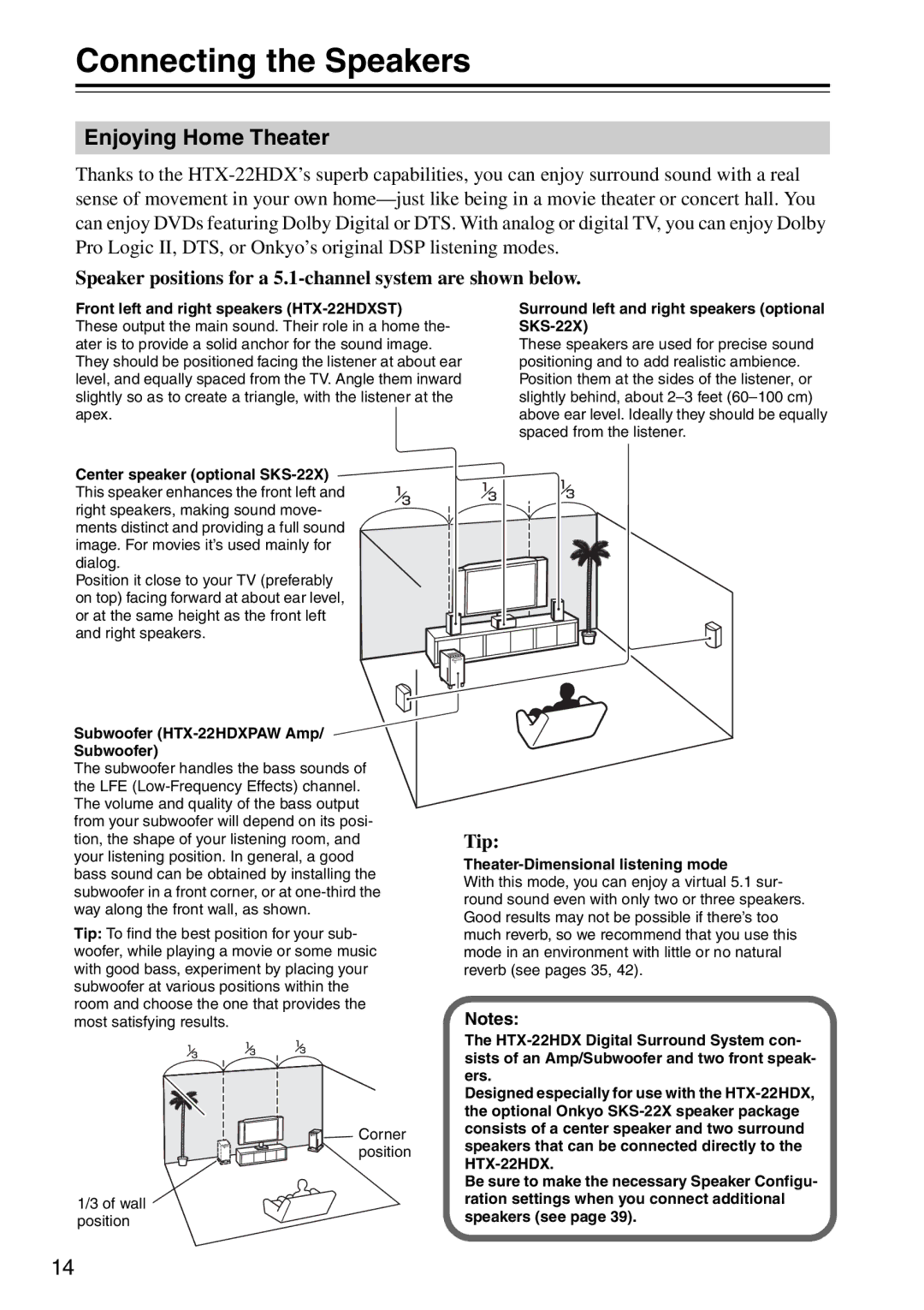 Onkyo HTX-22HDXST, HTX-22HDXPAW instruction manual Connecting the Speakers, Enjoying Home Theater 