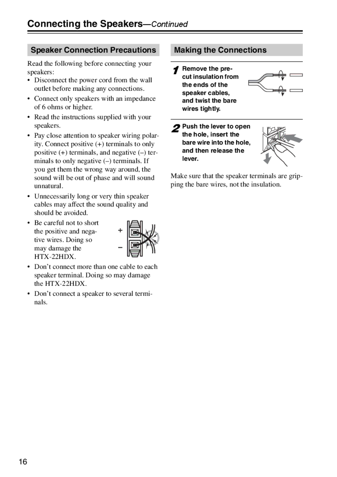 Onkyo HTX-22HDXPAW, HTX-22HDXST instruction manual Speaker Connection Precautions Making the Connections 