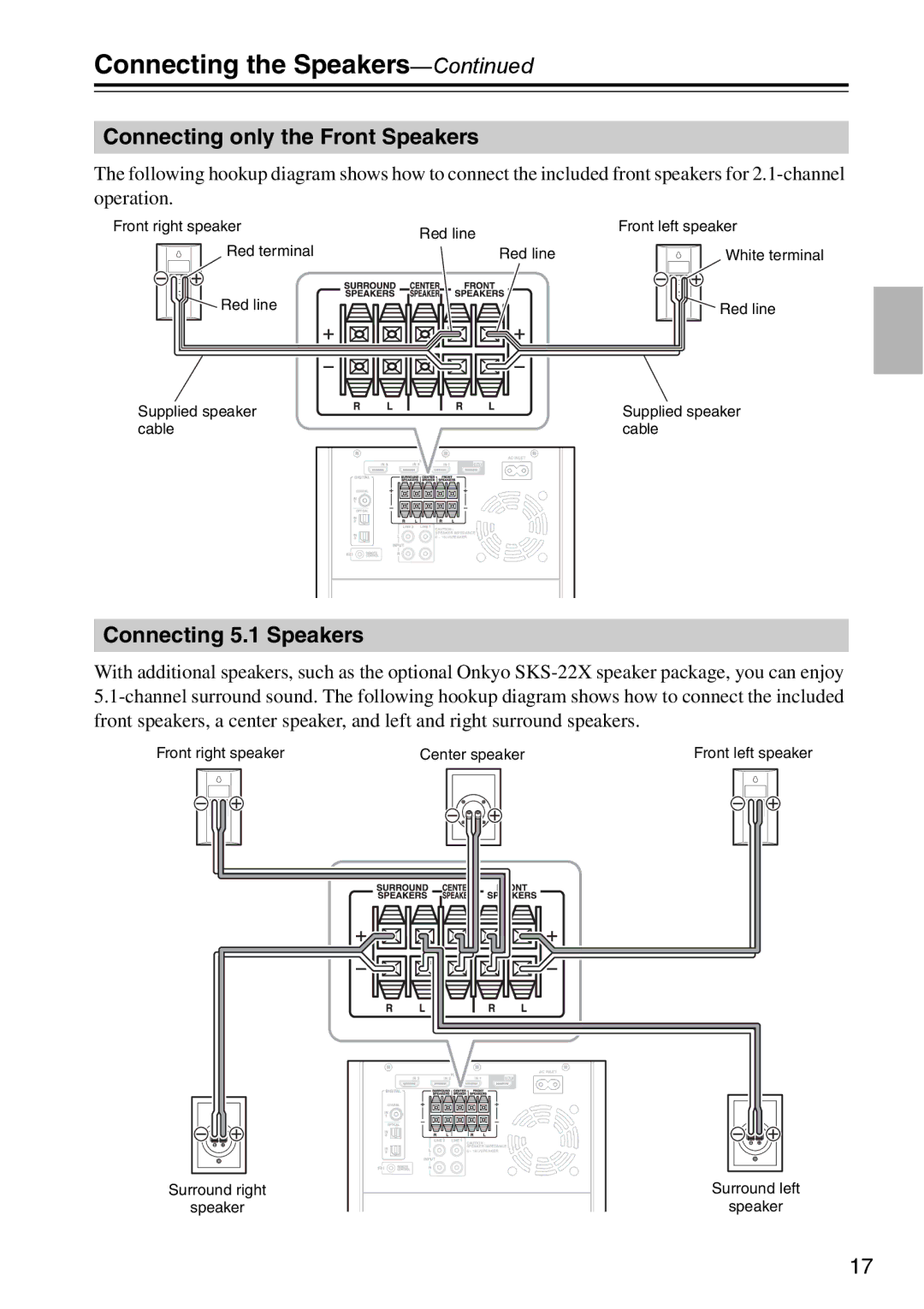 Onkyo HTX-22HDXST, HTX-22HDXPAW instruction manual Connecting only the Front Speakers, Connecting 5.1 Speakers 