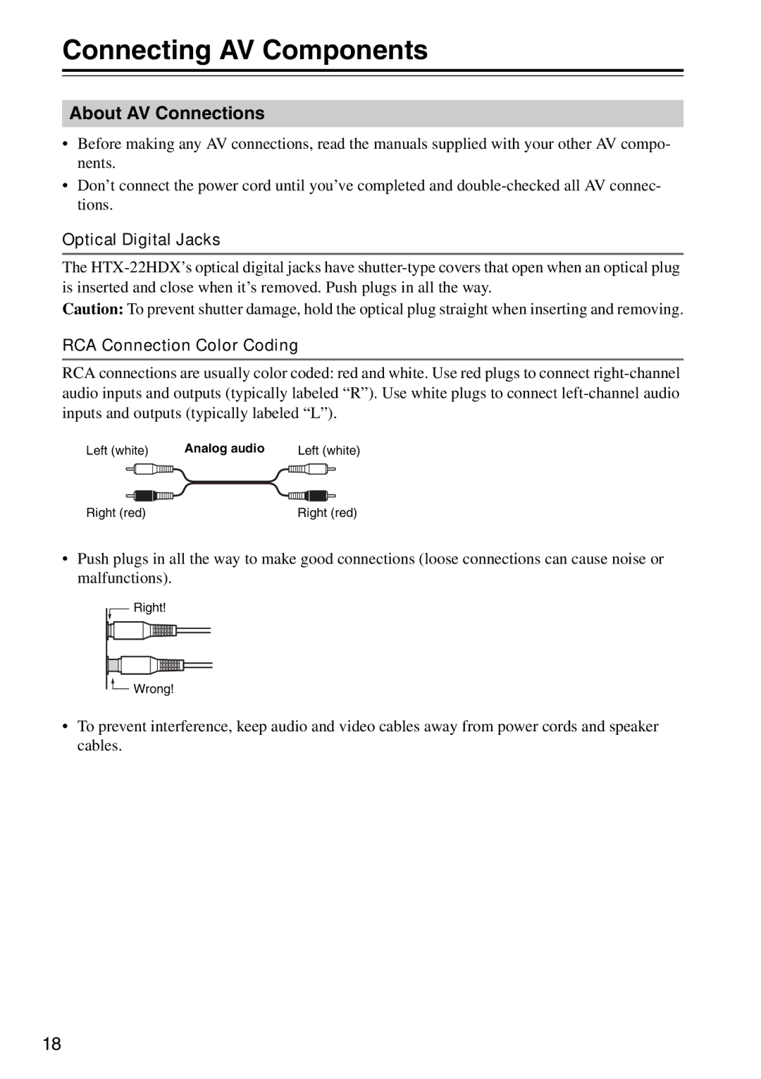 Onkyo HTX-22HDXST Connecting AV Components, About AV Connections, Optical Digital Jacks, RCA Connection Color Coding 