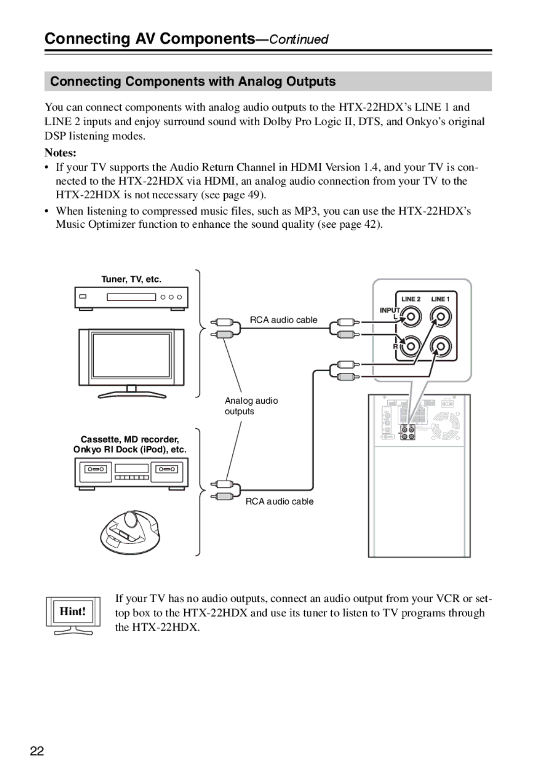 Onkyo HTX-22HDXPAW, HTX-22HDXST instruction manual Connecting Components with Analog Outputs 