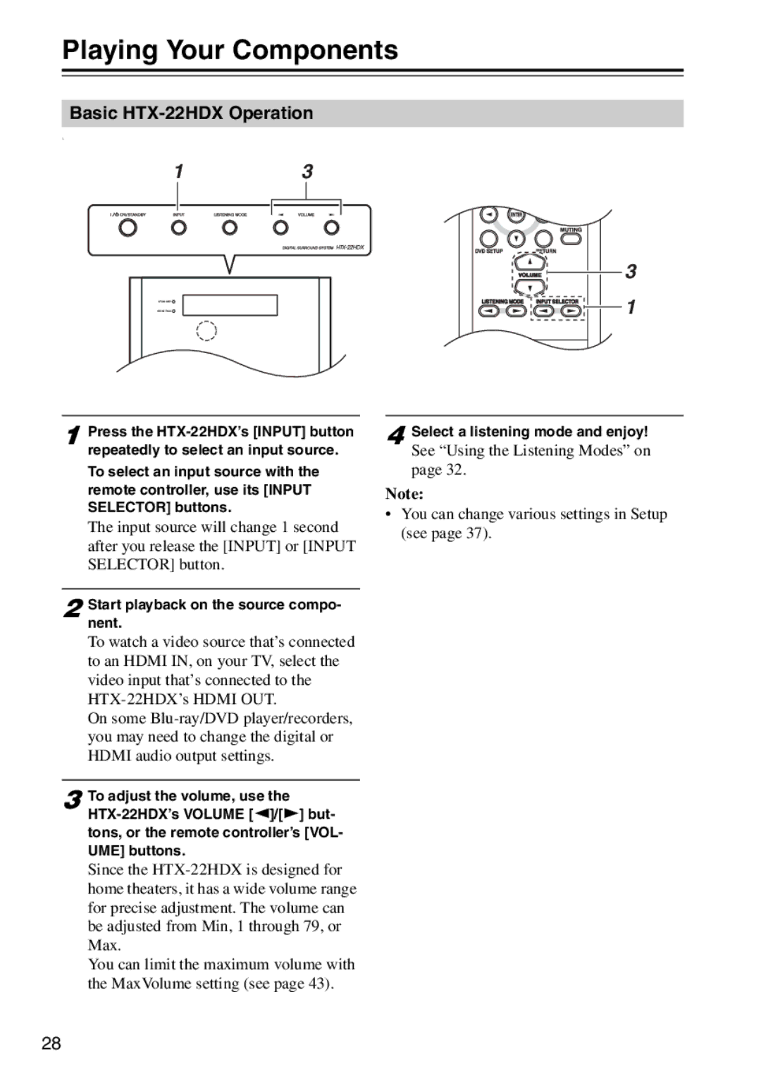 Onkyo HTX-22HDXPAW, HTX-22HDXST instruction manual Playing Your Components, Basic HTX-22HDX Operation 