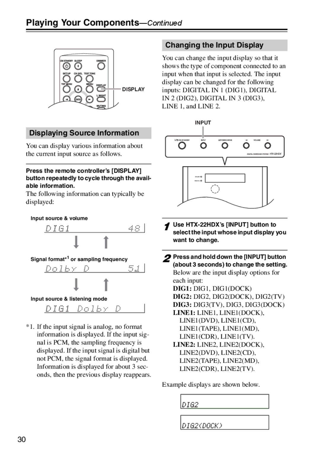 Onkyo HTX-22HDXST, HTX-22HDXPAW instruction manual Displaying Source Information, Changing the Input Display 