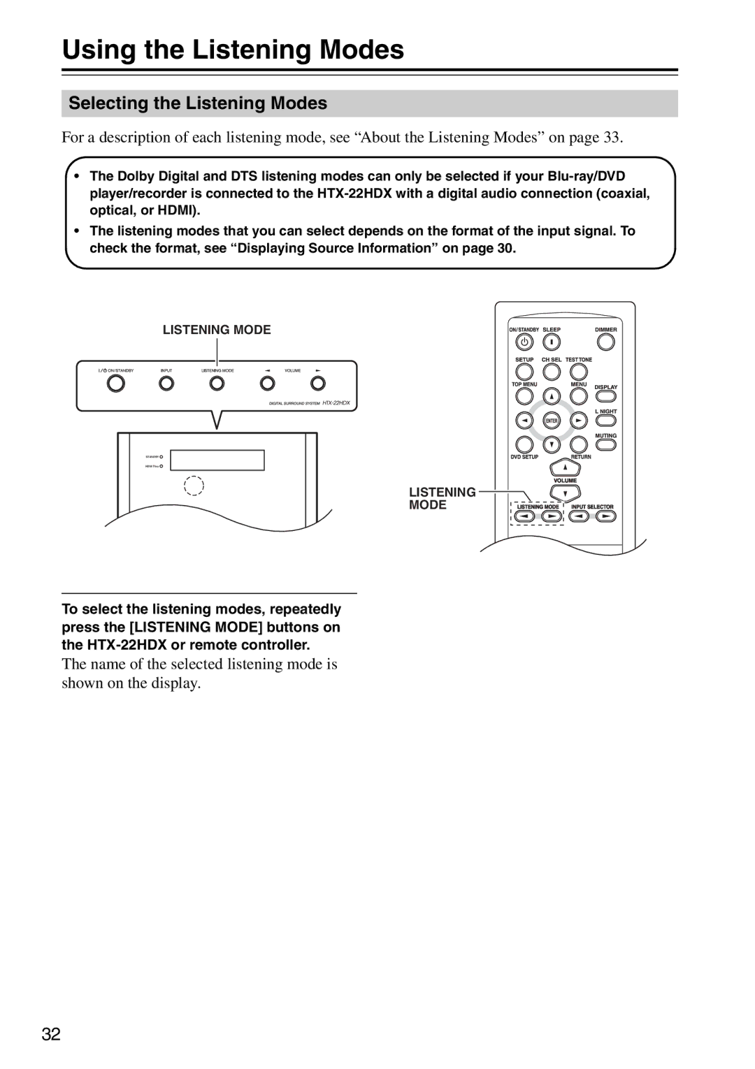 Onkyo HTX-22HDXST, HTX-22HDXPAW instruction manual Using the Listening Modes, Selecting the Listening Modes 