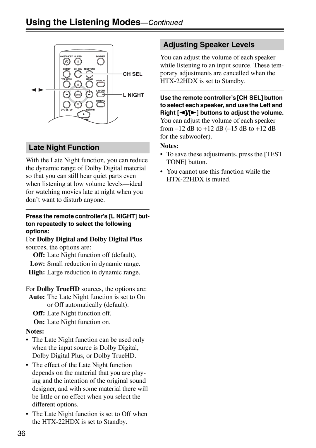 Onkyo HTX-22HDXST, HTX-22HDXPAW instruction manual Late Night Function, Adjusting Speaker Levels 