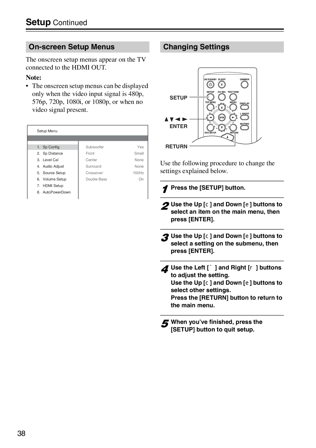 Onkyo HTX-22HDXST, HTX-22HDXPAW instruction manual On-screen Setup Menus, Changing Settings 