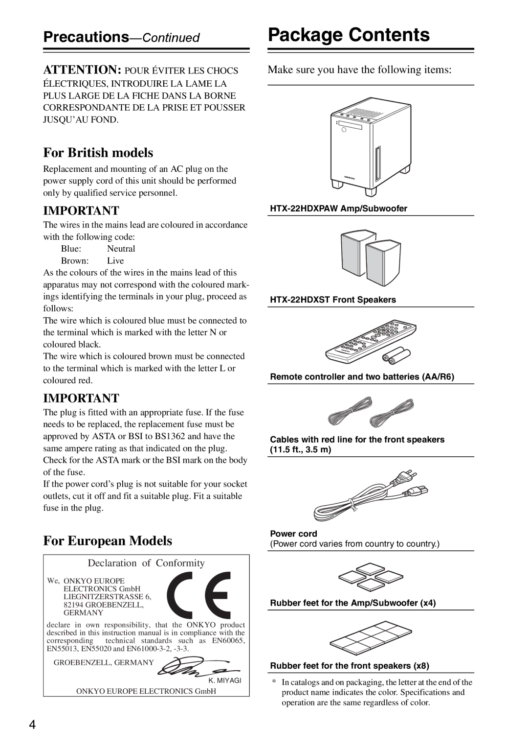 Onkyo HTX-22HDXPAW, HTX-22HDXST instruction manual Package Contents 