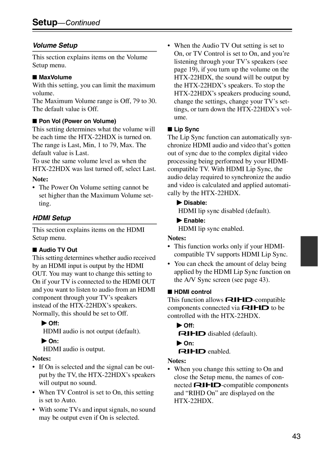 Onkyo HTX-22HDXPAW, HTX-22HDXST instruction manual Volume Setup, Hdmi Setup 