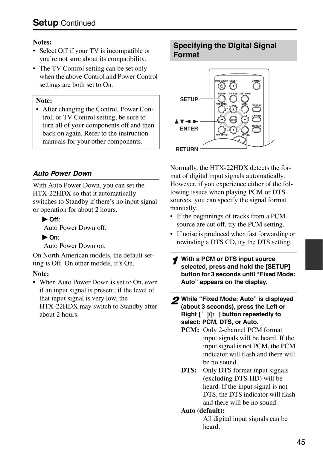 Onkyo HTX-22HDXST, HTX-22HDXPAW instruction manual Specifying the Digital Signal Format, Auto Power Down 