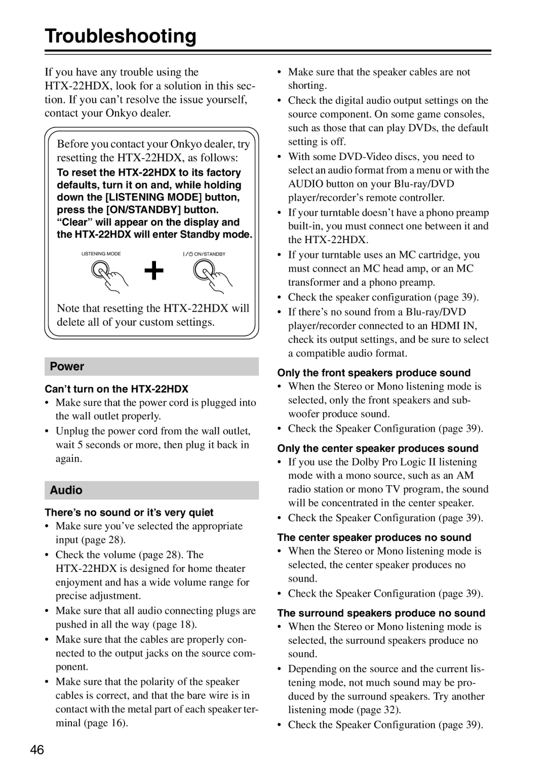 Onkyo HTX-22HDXPAW, HTX-22HDXST instruction manual Troubleshooting 